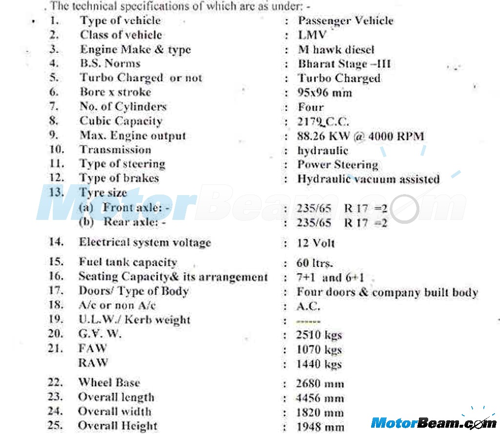 2015 Mahindra Scorpio AT RTO Specifications
