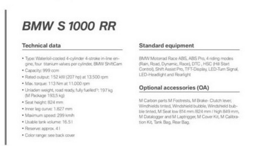 2019 BMW S1000 RR Specs