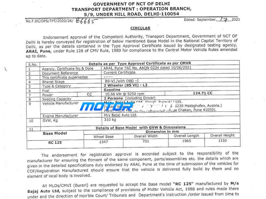 2022 KTM RC 125 Type Approval