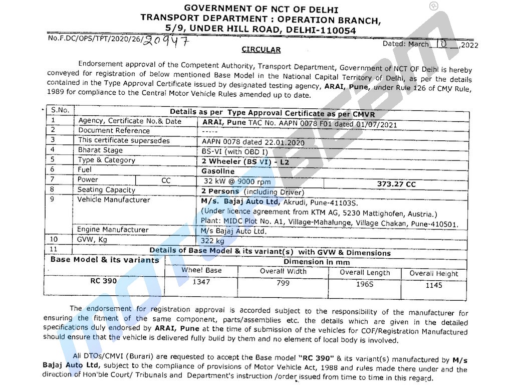 2022 KTM RC 390 Type Approval Certificate