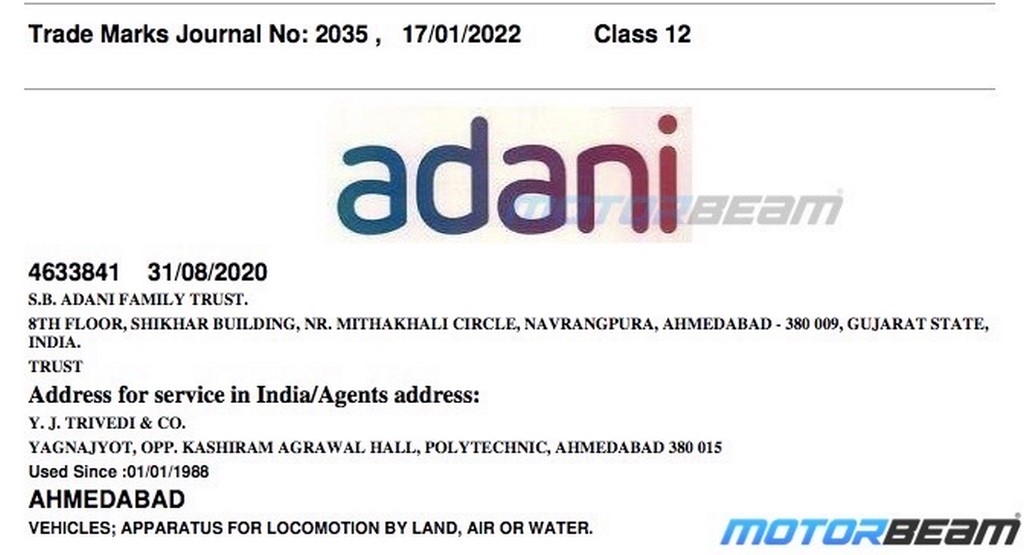 Adani Vehicles Trademark India