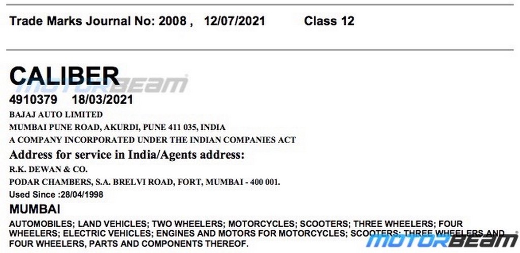 Bajaj Caliber Trademark