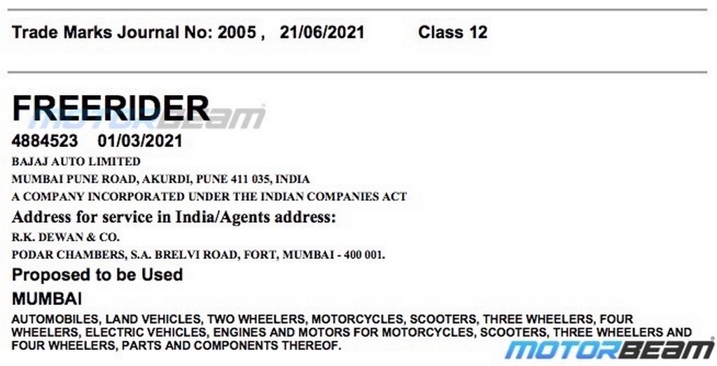 Bajaj Freerider Trademark