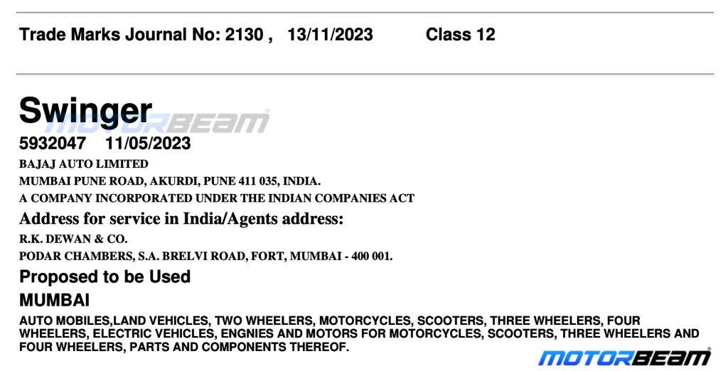 Bajaj Swinger Trademark