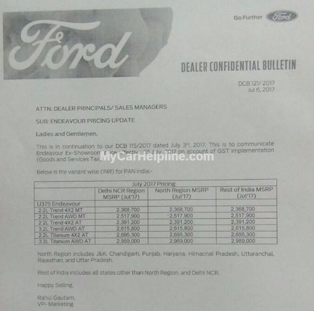 Ford Endeavour Dealer Communication Letter