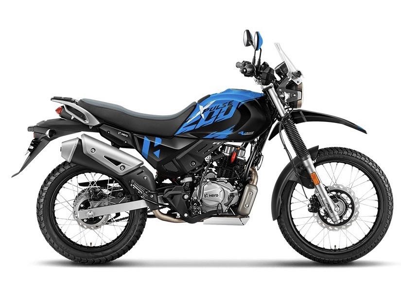 Side profile of the bike with black and blue colour theme