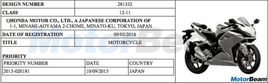 Honda CBR250RR Patent In India