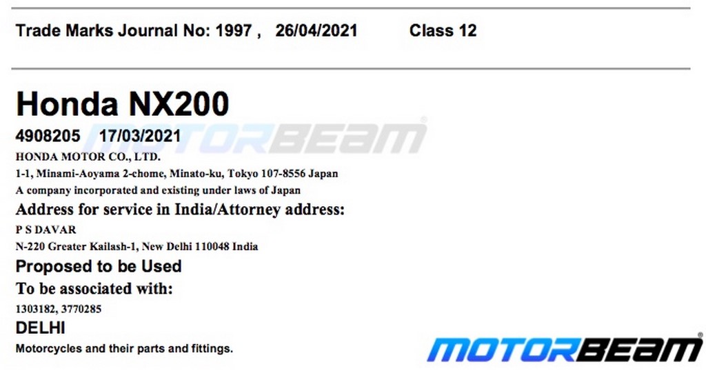 Honda NX200 Trademark