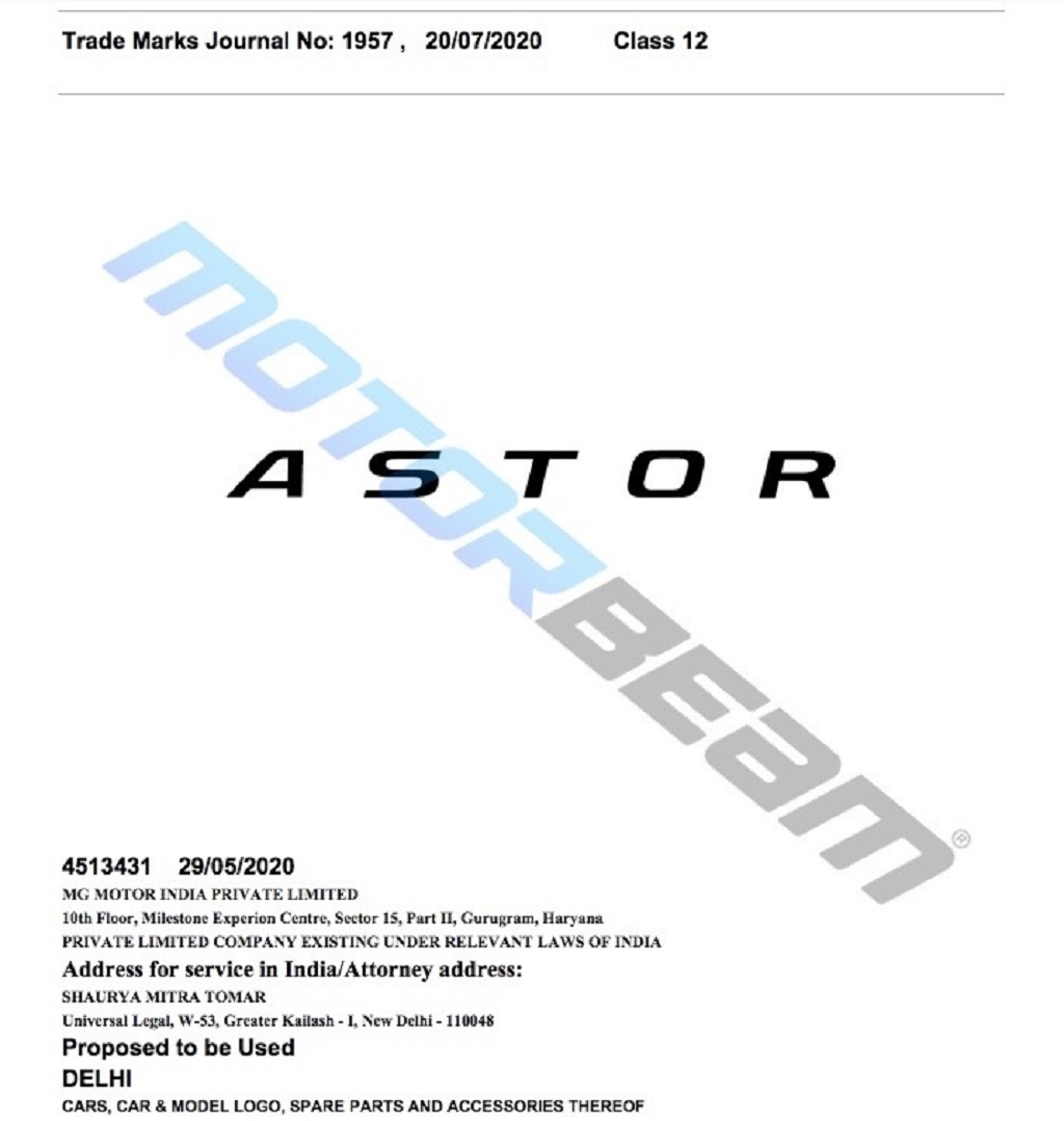 MG Astor Trademark