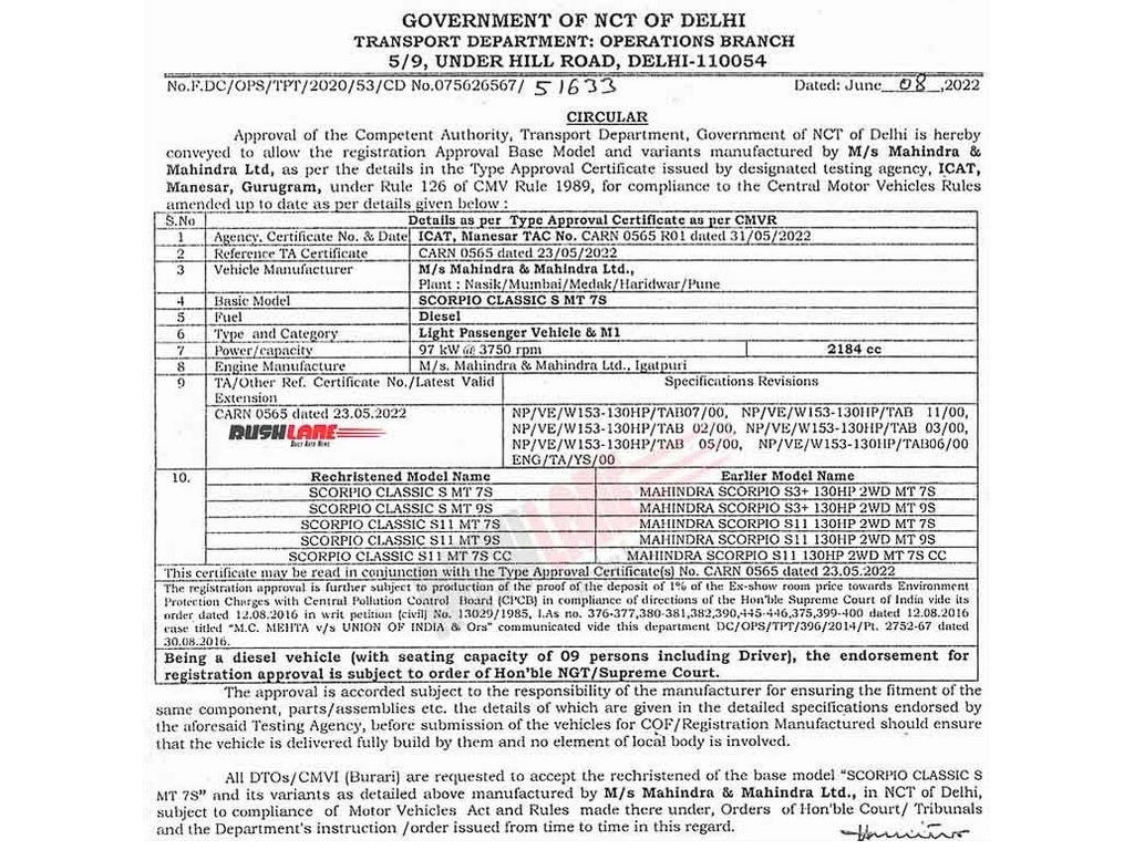 Mahindra Scorpio Classic Spotted Type Approval Certificate