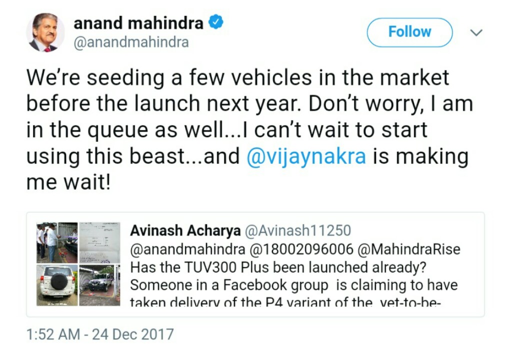 Mahindra TUV300 Plus Tweet
