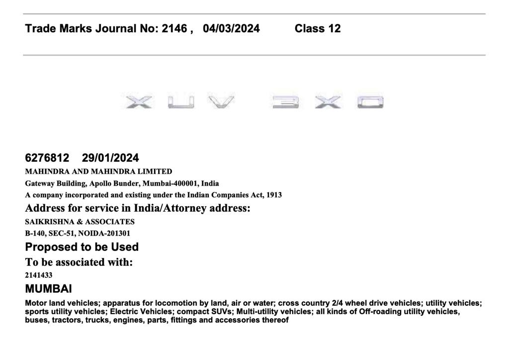 Mahindra XUV 3X0 Trade Mark