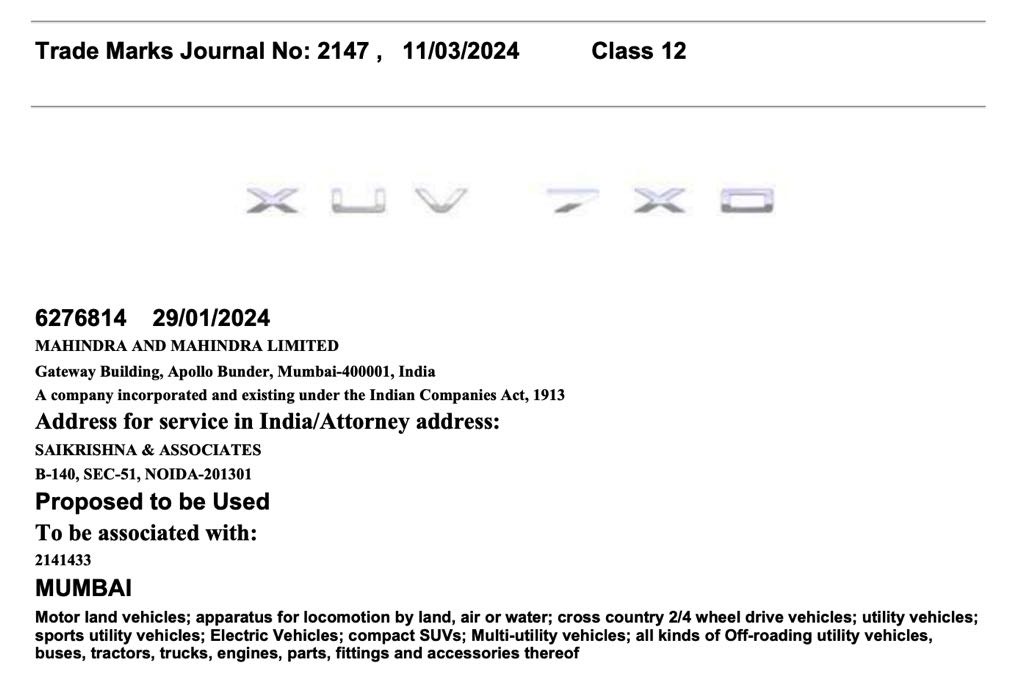 Mahindra XUV 7X0 Trade Mark