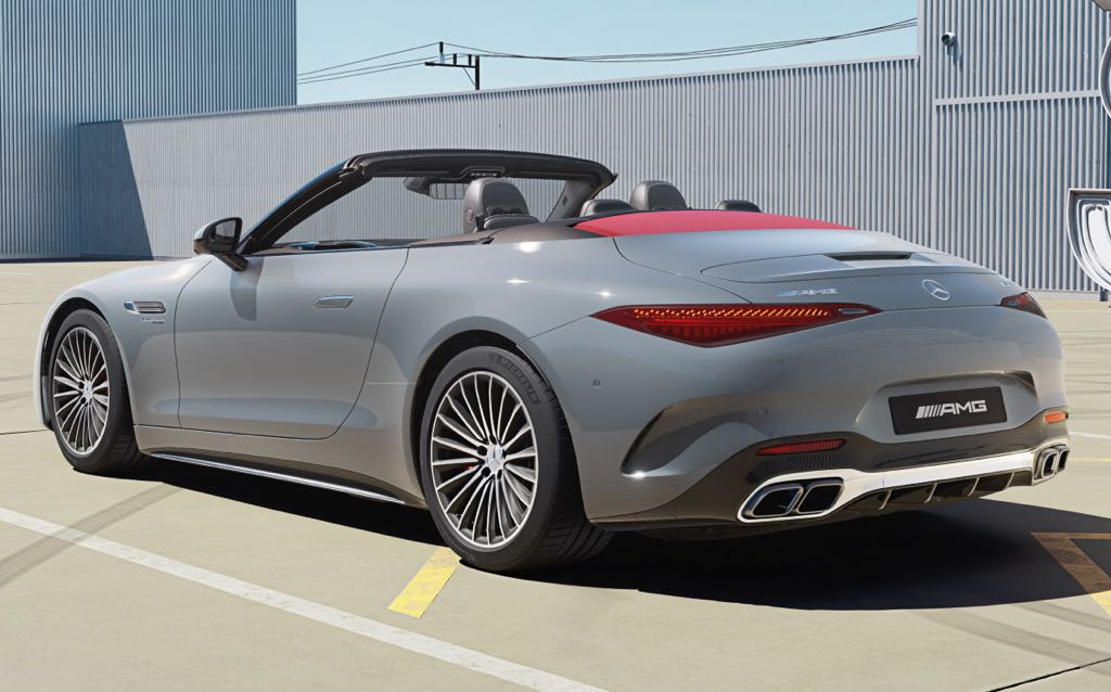 Rear profile of the grey sports car