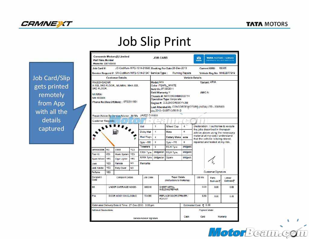 TMSA Detailed Presentation Job Card Print Slip