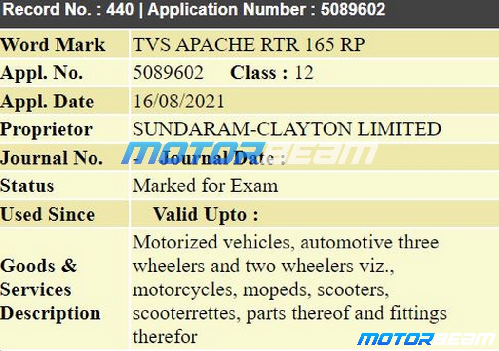 TVS Apache RTR 165 RP Trademark