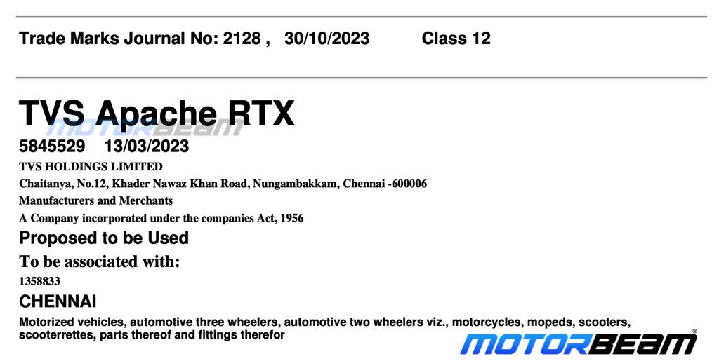 TVS Apache RTX Trademark