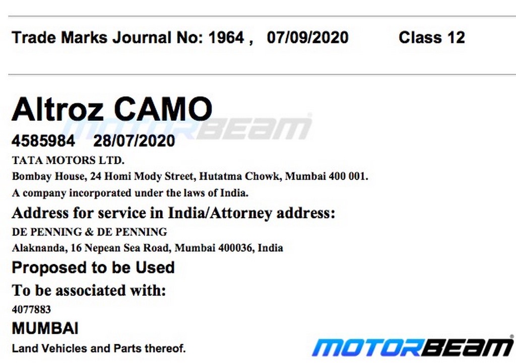 Tata Motors Altroz Camo Edition Trademark