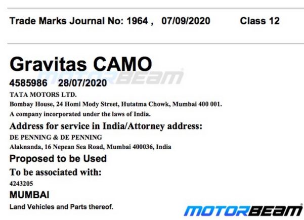Tata Motors Gravitas Camo Edition Trademark