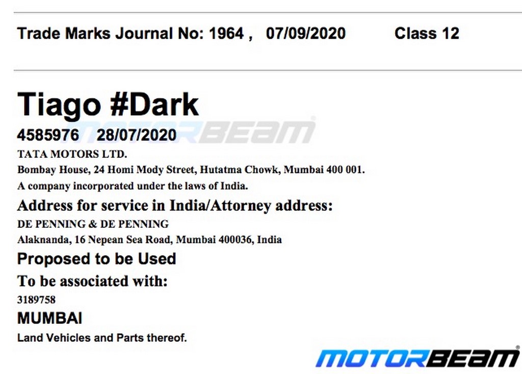 Tata Tiago Dark Trademark