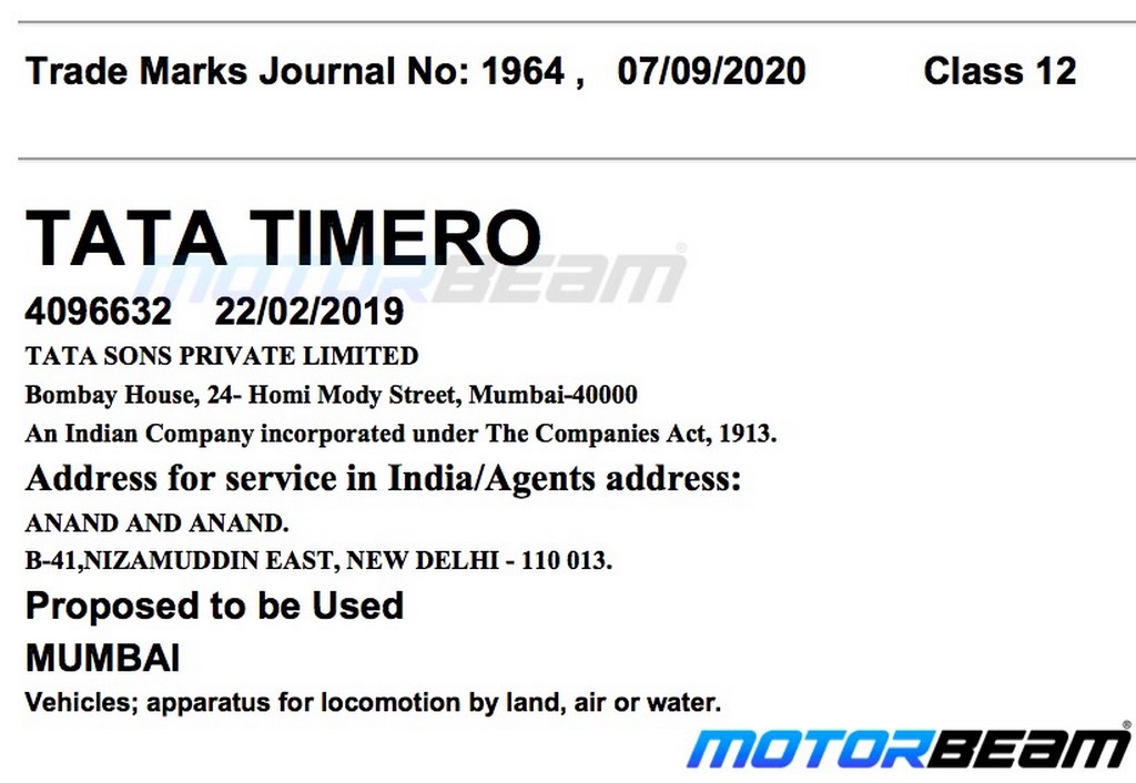 Tata Timero Trademark