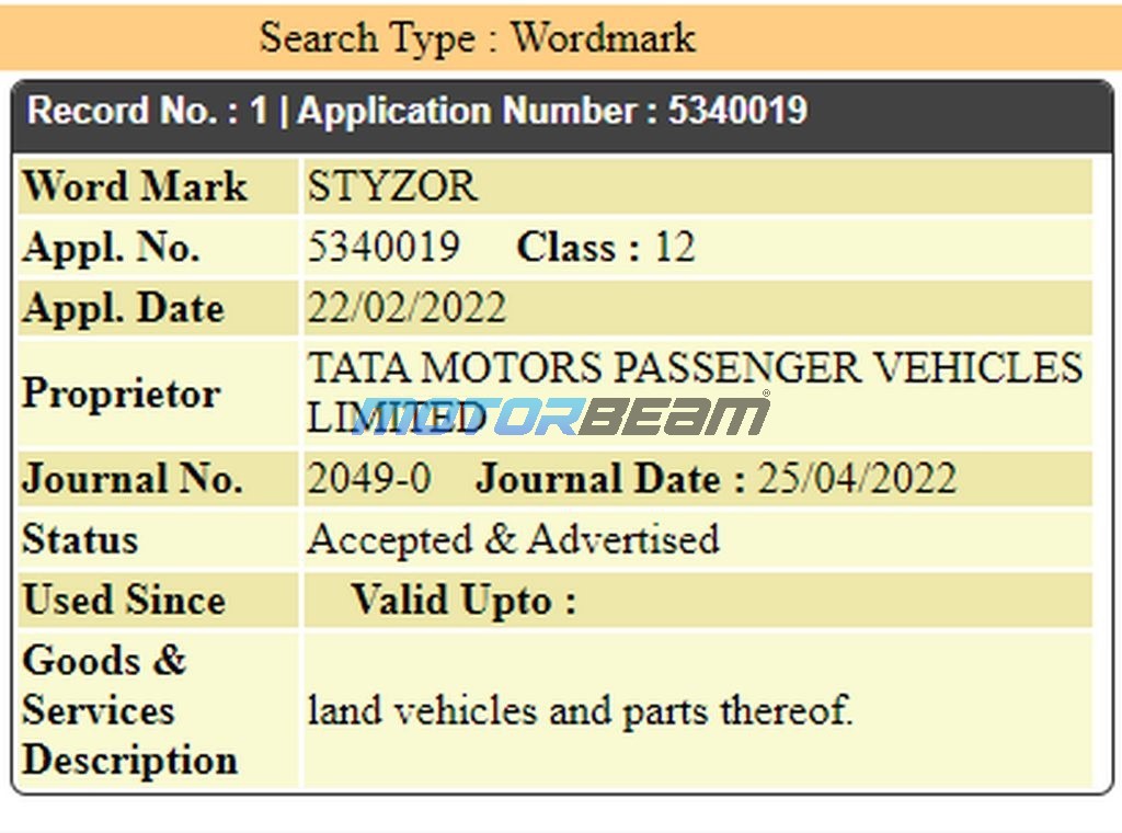 Tata Trademarks EV Names Styzor