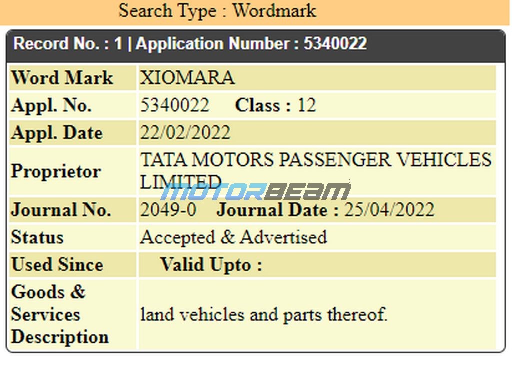Tata Trademarks EV Names Xiomara