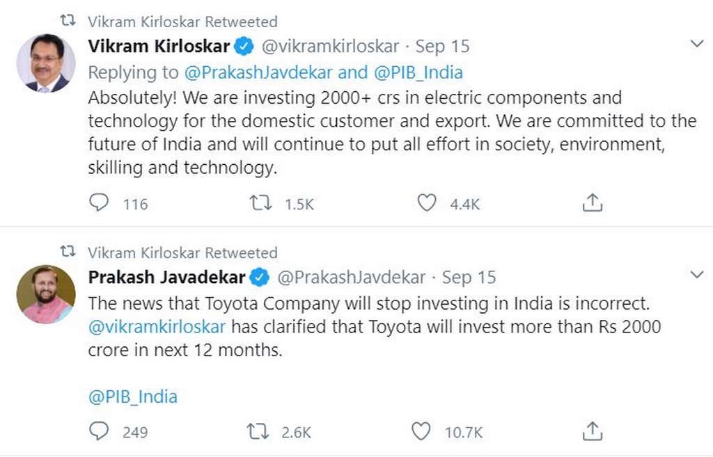 Toyota India Investment Tweet
