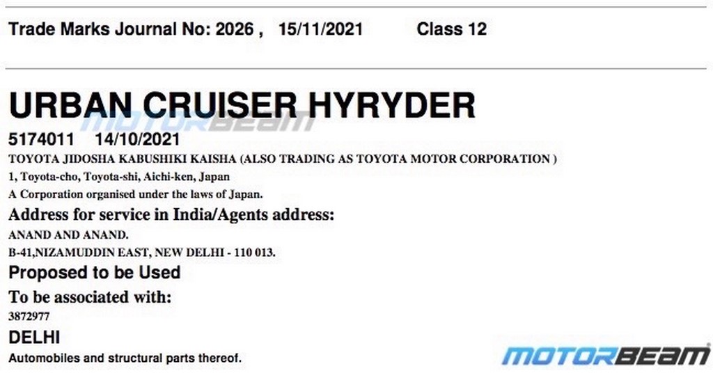 Toyota Urban Cruiser Hyryder Trademark