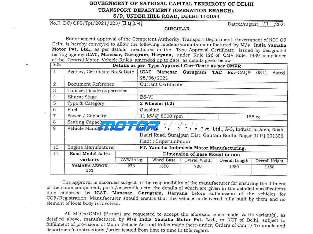 Yamaha Aerox 155 Type Approval Certificate